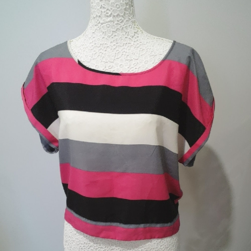 Material Girl Cropped Striped Blouse in Pink, Gray, Black, and White, NWT SIZE L